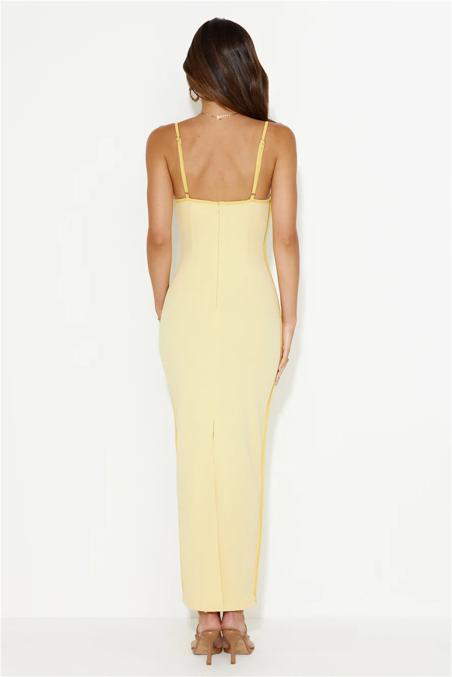 Butter Yellow Contrast Piping Bodycon Maxi Evening Dresses