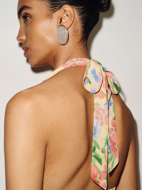 Butter Yellow Floral Halter Neck Open Back Tiered Prom Dress