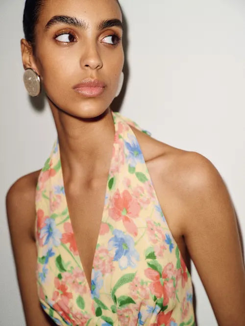 Butter Yellow Floral Halter Neck Open Back Tiered Prom Dress