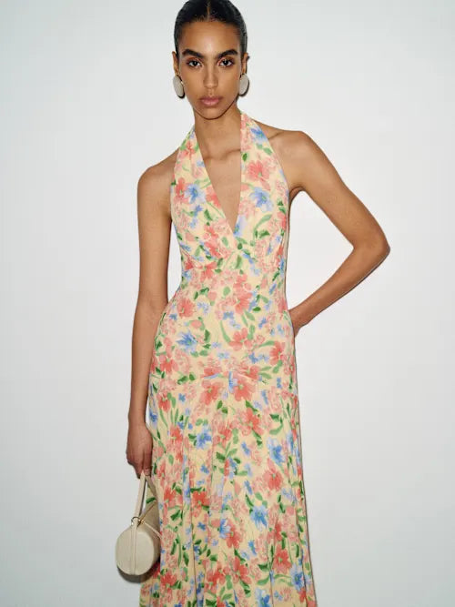 Butter Yellow Floral Halter Neck Open Back Tiered Prom Dress