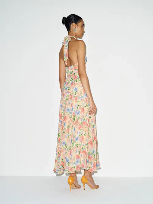 Butter Yellow Floral Halter Neck Open Back Tiered Prom Dress