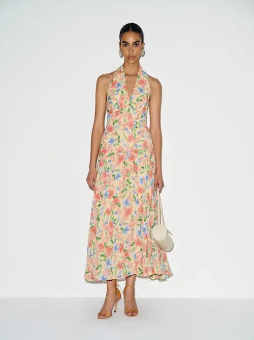 Butter Yellow Floral Halter Neck Open Back Tiered Prom Dress