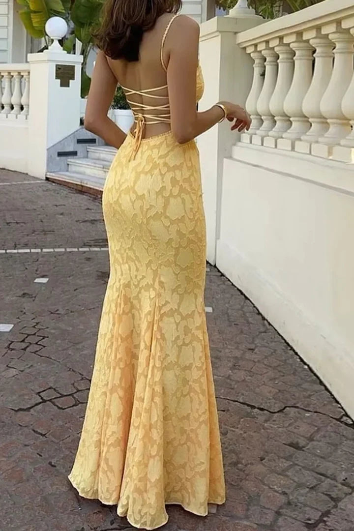 Butter Yellow Floral Lace Spaghetti Strap Mermaid Maxi Dress with Lace Up Back