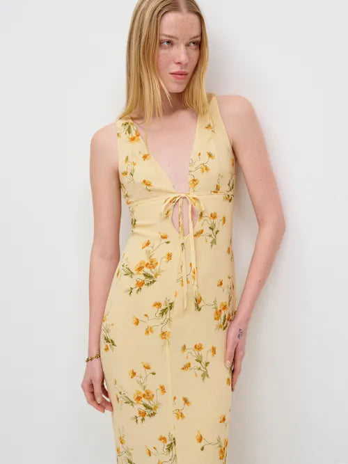 Butter Yellow Floral Print Deep V-Neck Tie Front Cutout Prom Dress