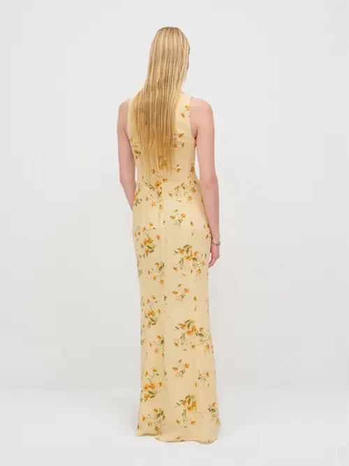 Butter Yellow Floral Print Deep V-Neck Tie Front Cutout Prom Dress