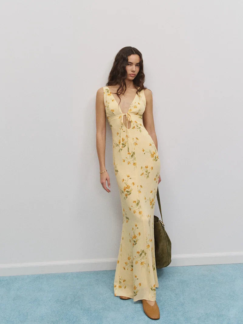 Butter Yellow Floral Print Deep V-Neck Tie Front Cutout Prom Dress