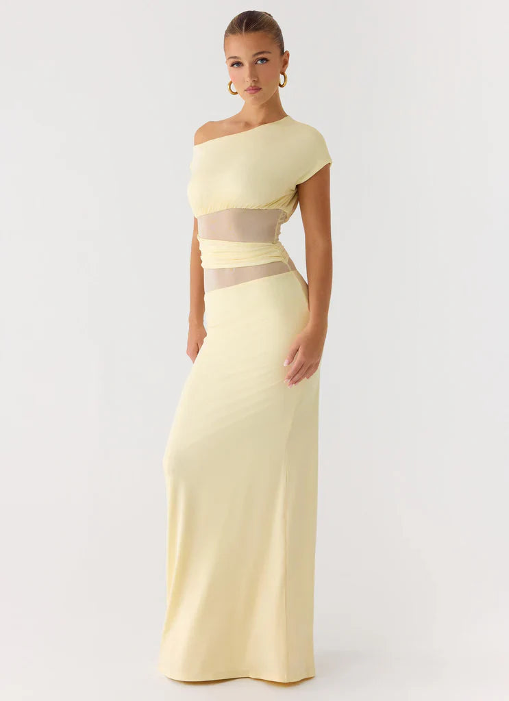 Butter Yellow One Shoulder Mesh Cutout Maxi Prom Dress For Glam Formal Evening Events