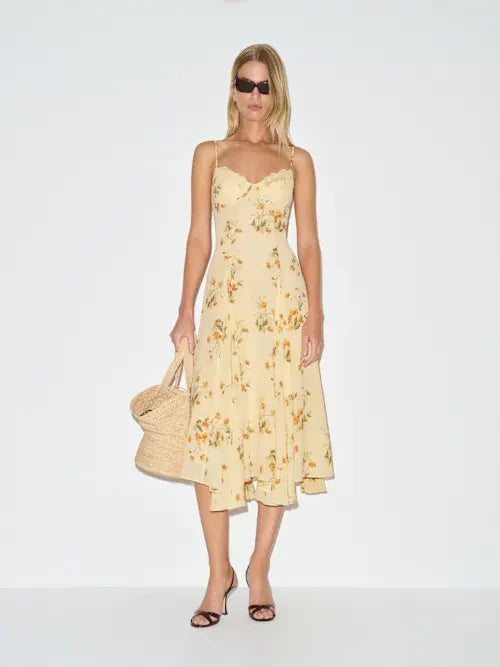 Butter Yellow Orange Floral Print Lace Trim Spaghetti Strap Prom Dress