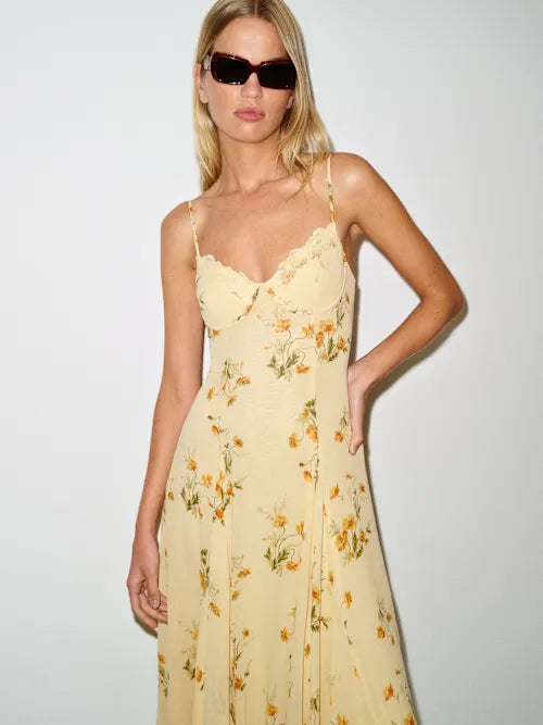 Butter Yellow Orange Floral Print Lace Trim Spaghetti Strap Prom Dress