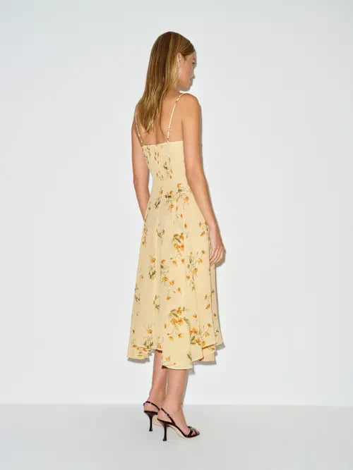Butter Yellow Orange Floral Print Lace Trim Spaghetti Strap Prom Dress