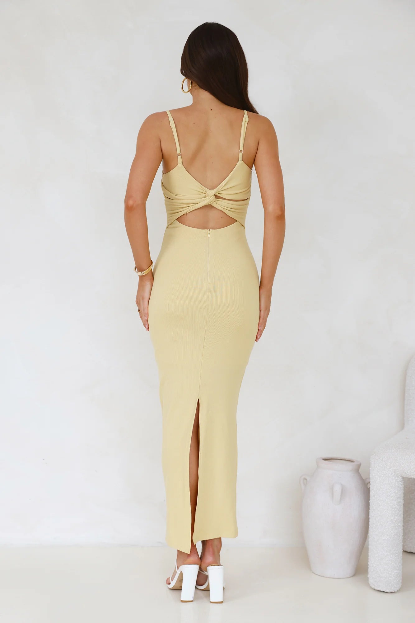 Butter Yellow Ribbed Spaghetti Strap Lace Trim Backless Twist Cutout Slit Midi Dresses