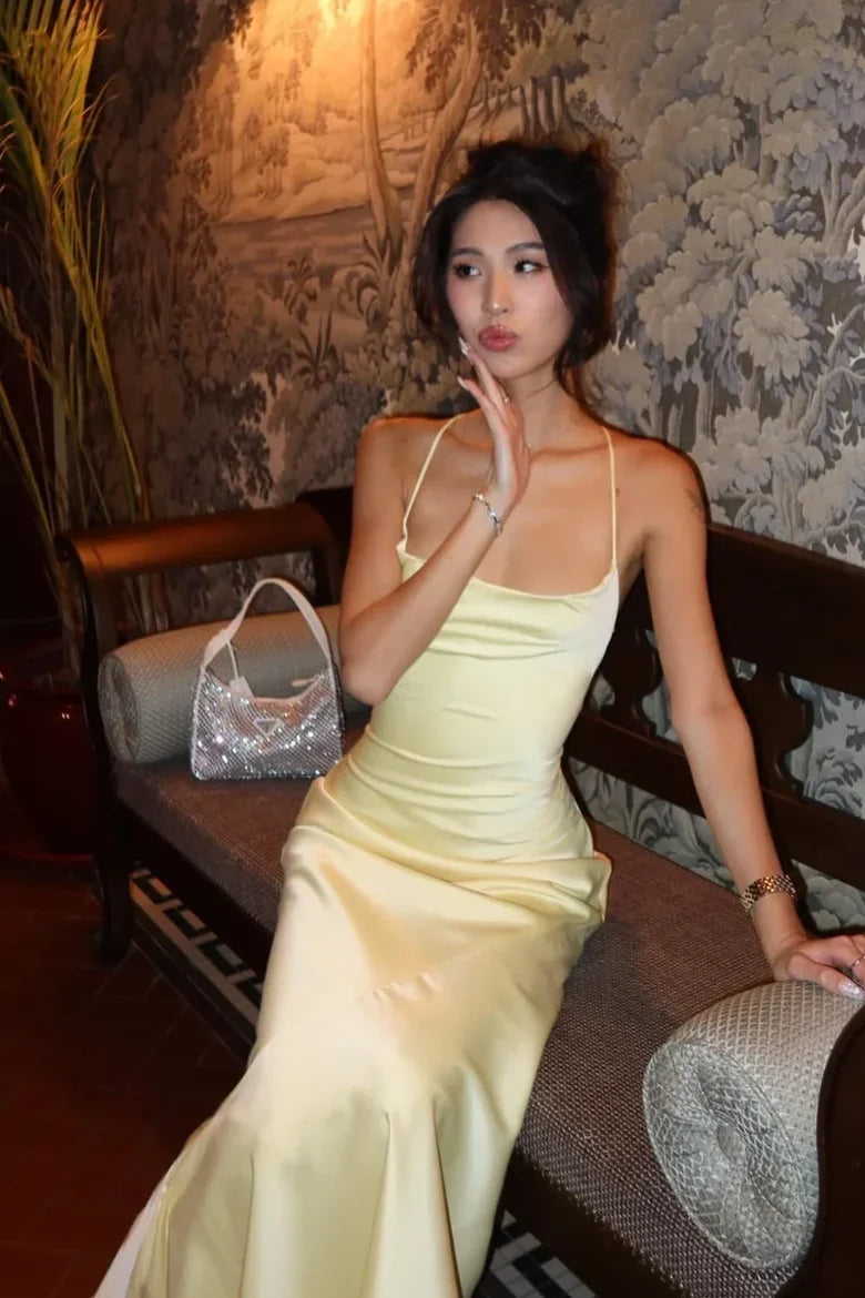 Butter Yellow Satin Cowl Neck Lace Up Back Mermaid Maxi Dress