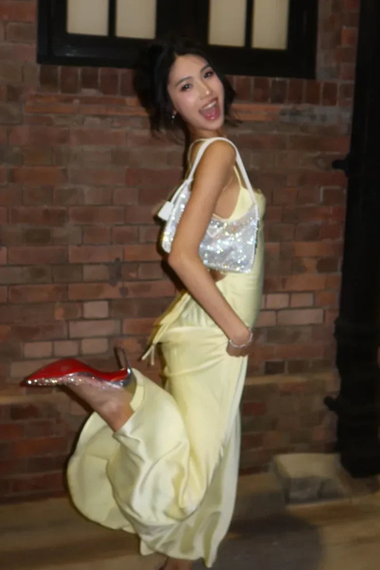 Butter Yellow Satin Cowl Neck Lace Up Back Mermaid Maxi Dress
