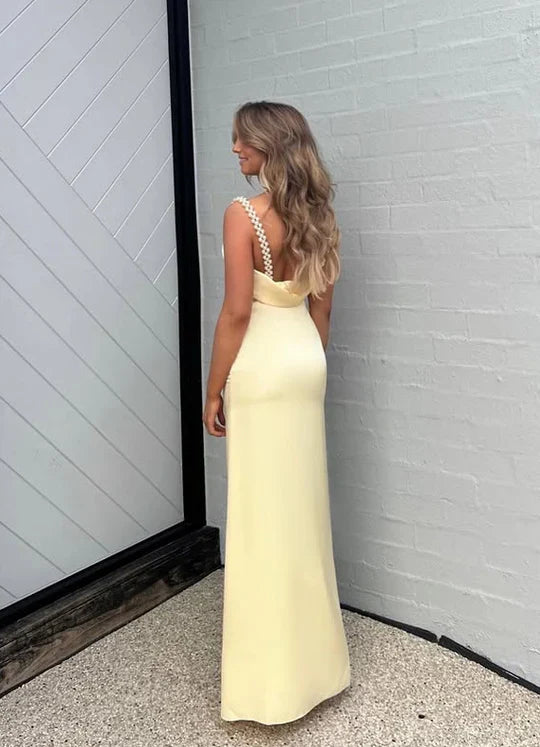 Butter Yellow Satin Pearl Strap Cowl Back Maxi Prom Dress For Special Events