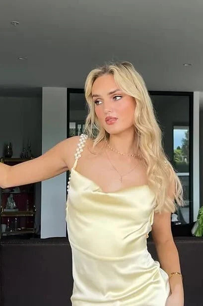 Butter Yellow Satin Pearl Strap Cowl Neck Backless Maxi Evening Dresses