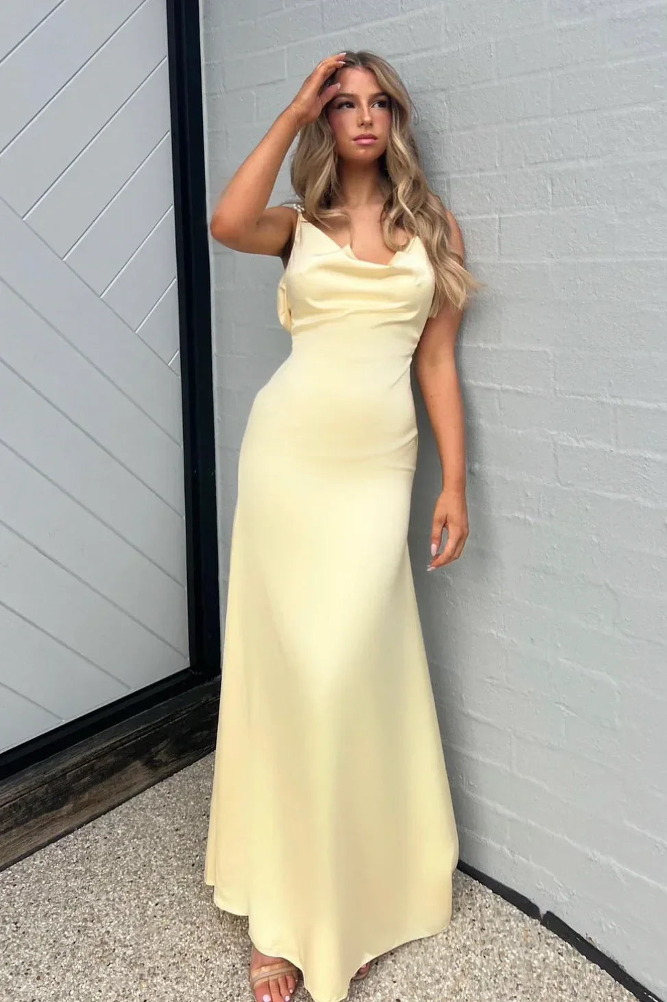 Butter Yellow Satin Pearl Strap Cowl Neck Backless Maxi Evening Dresses