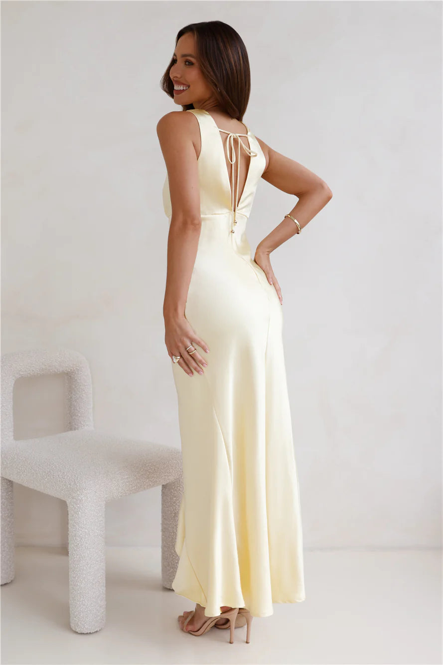 Butter Yellow Satin Sleeveless High Neck Backless Tie Ruffle Slit Maxi Evening Dresses