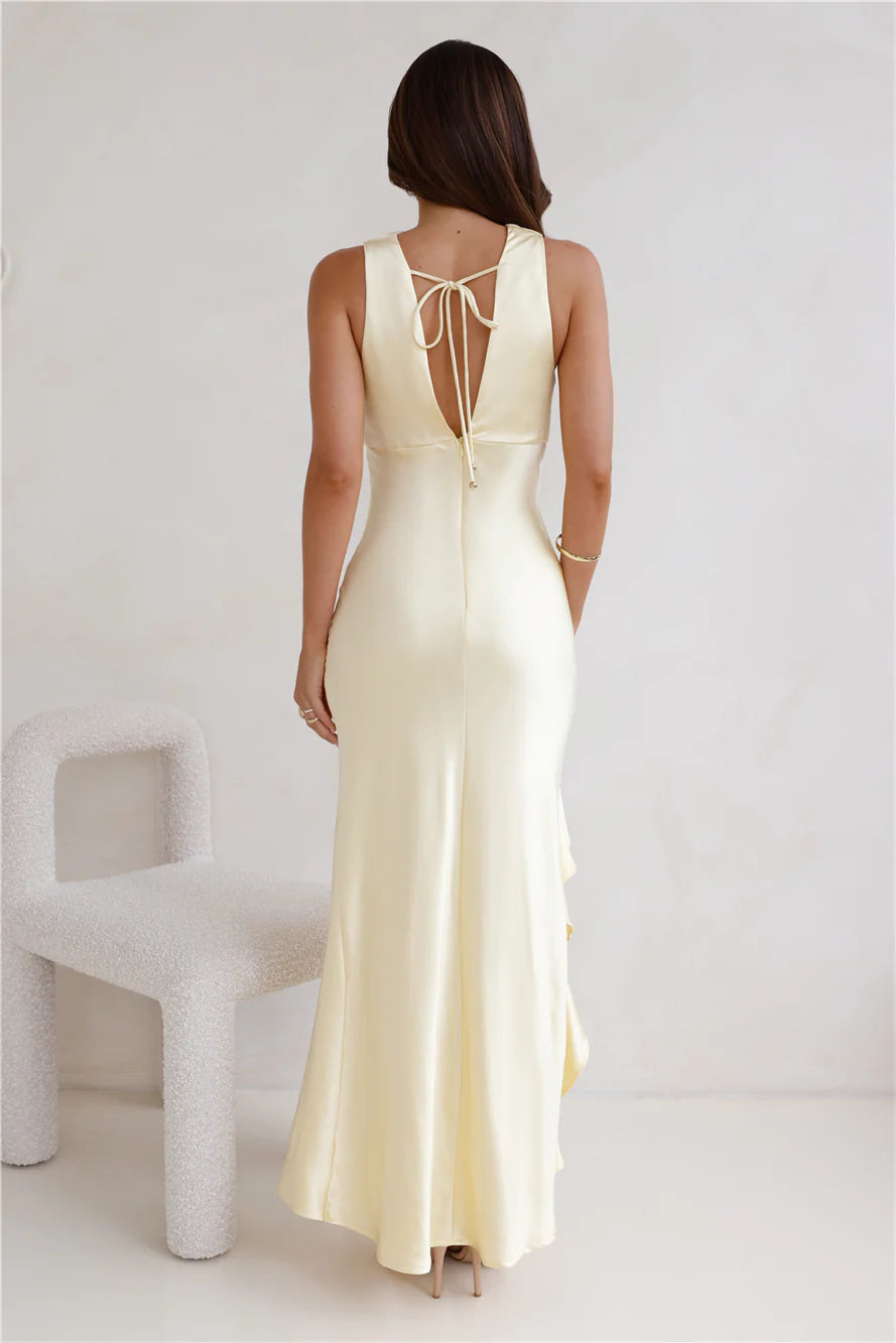 Butter Yellow Satin Sleeveless High Neck Backless Tie Ruffle Slit Maxi Evening Dresses