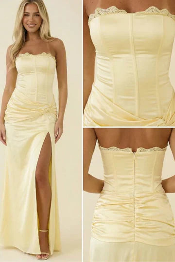 Butter Yellow Satin Strapless Lace Trim Ruched Maxi Dress with High Slit