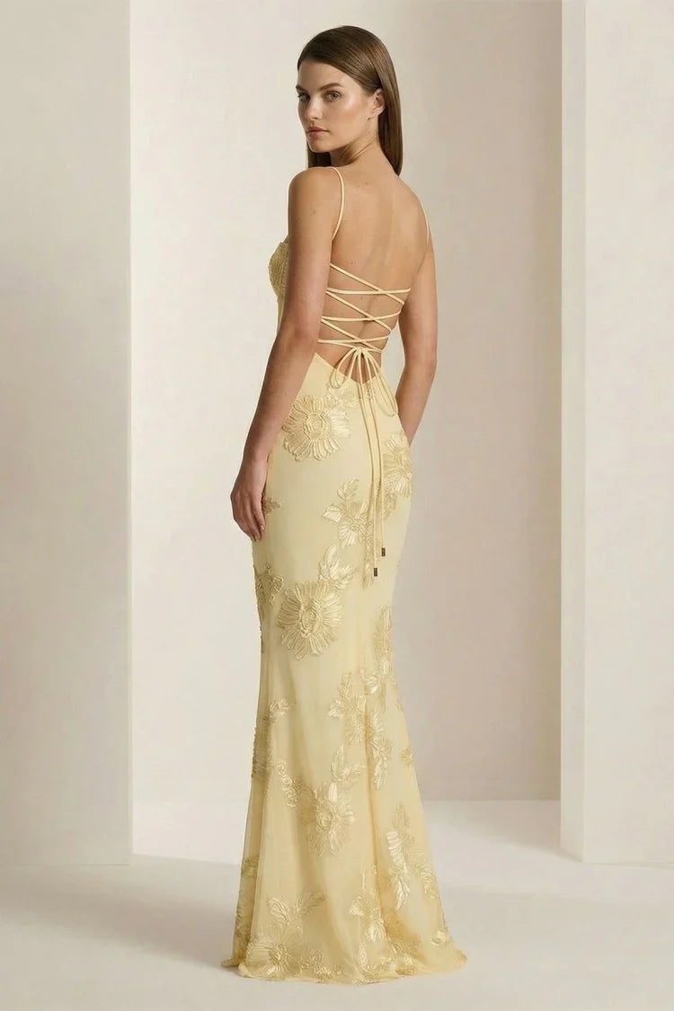 Butter Yellow Spaghetti Strap Mermaid Gown with Gold Floral Embroidery Prom Dress
