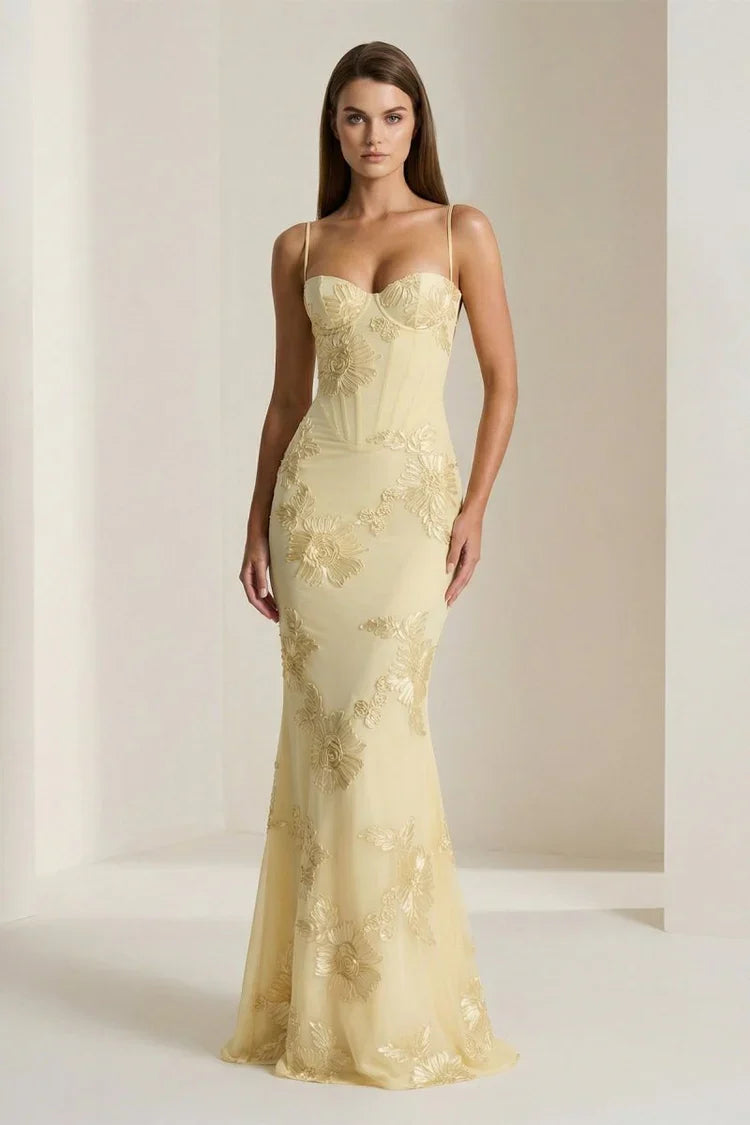 Butter Yellow Spaghetti Strap Mermaid Gown with Gold Floral Embroidery Prom Dress