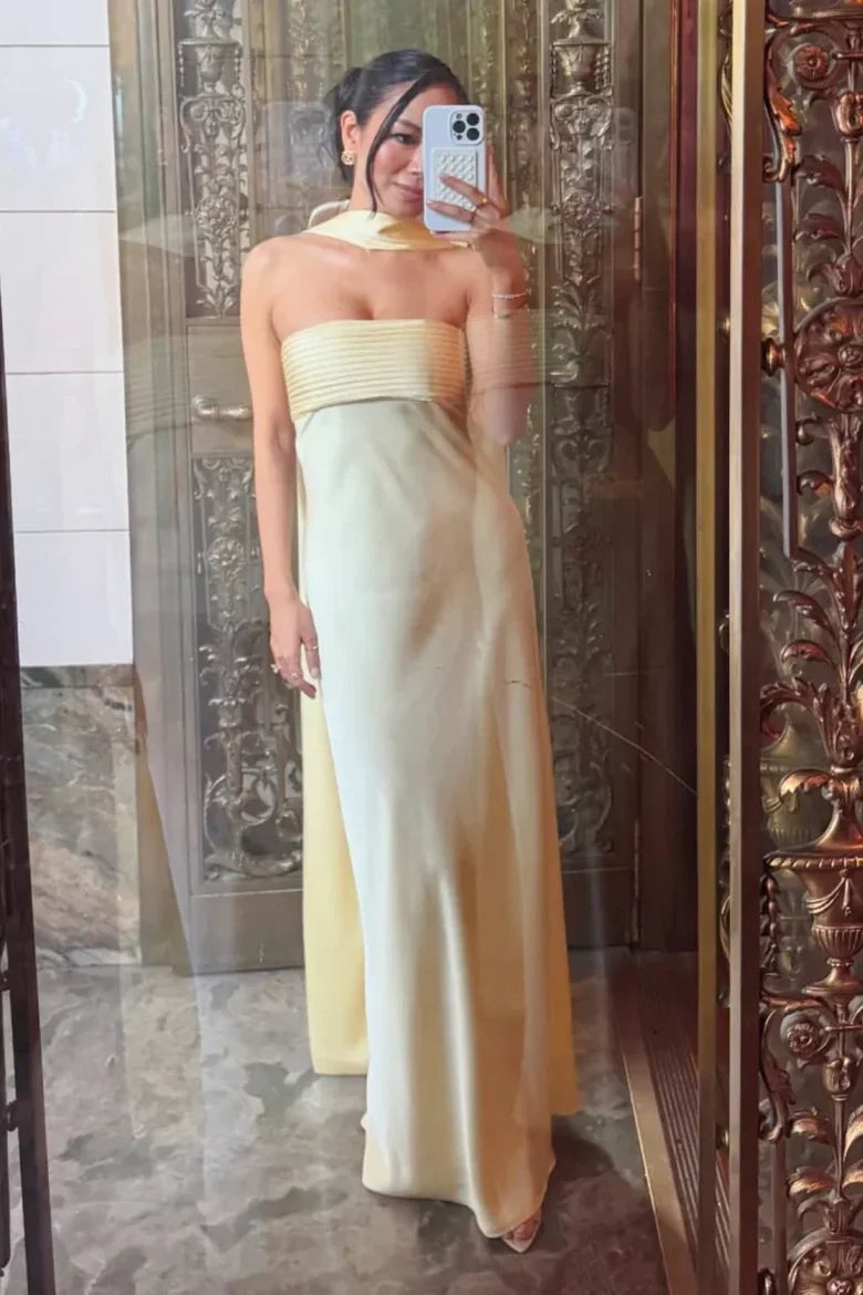 Butter Yellow Strapless Satin Maxi Prom Dress with Halter Sash