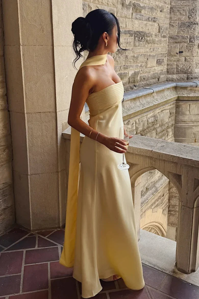 Butter Yellow Strapless Satin Maxi Prom Dress with Halter Sash