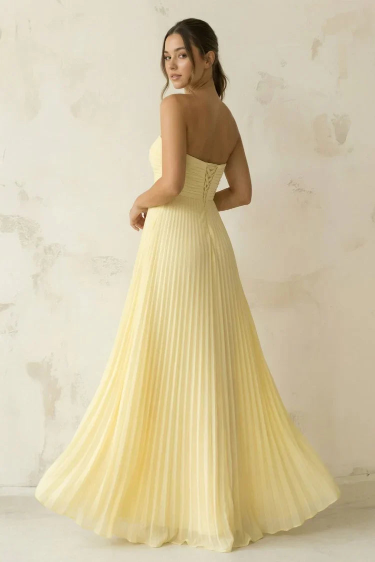 Butter Yellow Strapless Twist Knot Pleated Maxi with Shawl Prom Dress