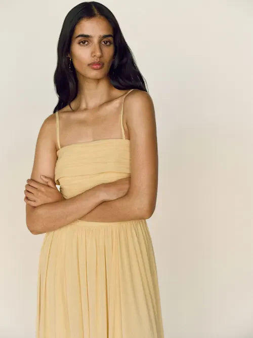 Buttercream Chiffon Strapless Ruched Bodice Convertible Strap Prom Gown