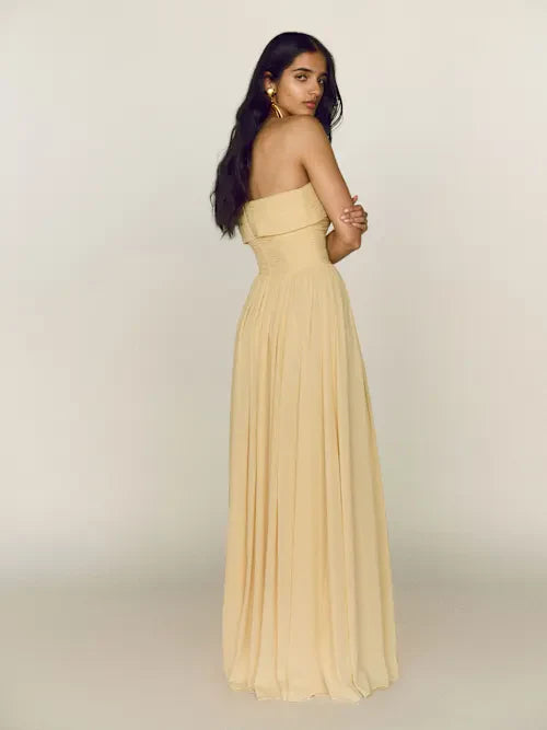 Buttercream Chiffon Strapless Ruched Bodice Convertible Strap Prom Gown