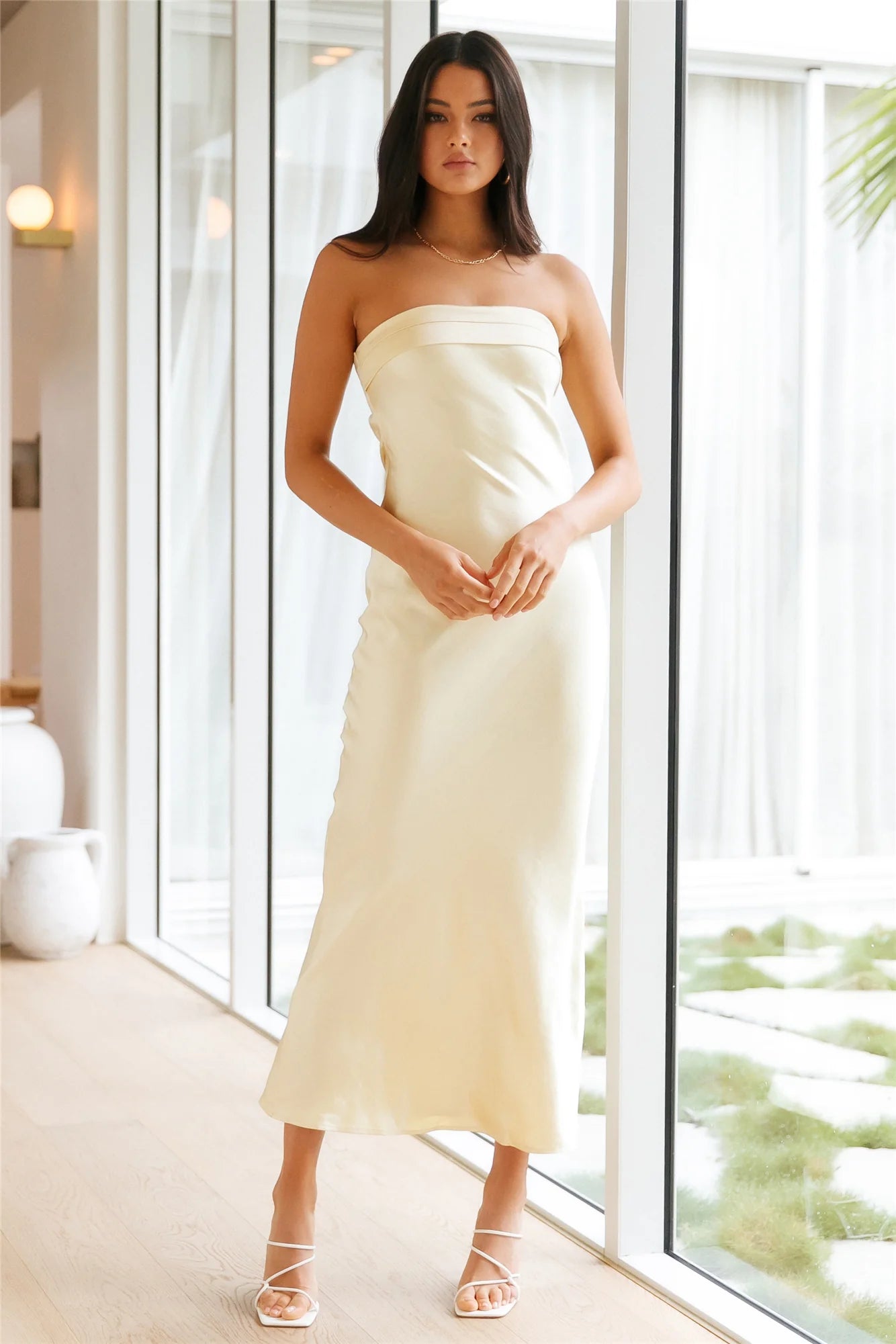 Buttercream Satin Strapless Backless Ruched Midi Evening Dresses