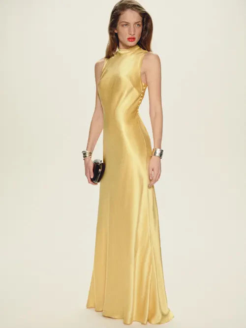 Buttercup Yellow Satin High Neck Sleeveless Maxi Prom Dress