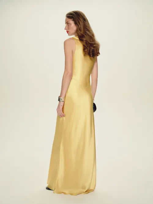 Buttercup Yellow Satin High Neck Sleeveless Maxi Prom Dress