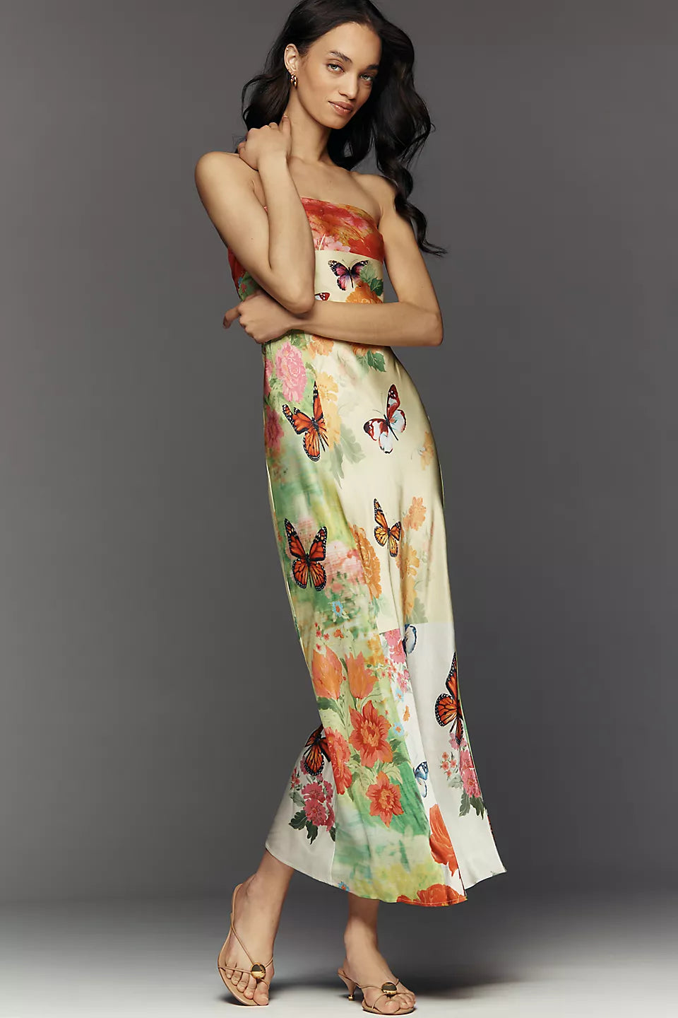 Butterfly Floral Print Strapless Satin Midi Evening Dresses
