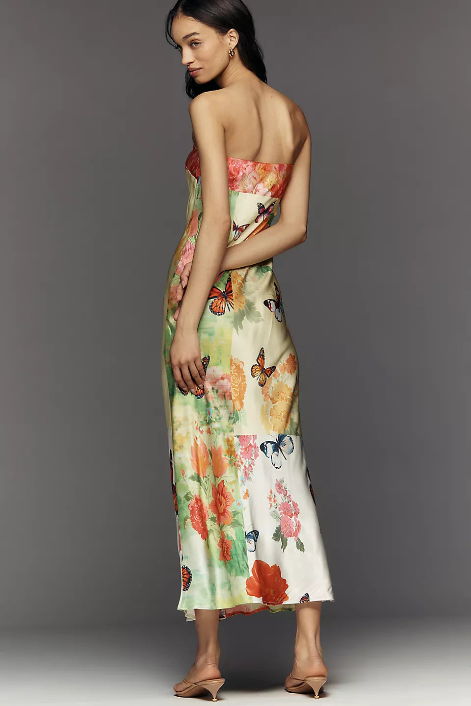 Butterfly Floral Print Strapless Satin Midi Evening Dresses