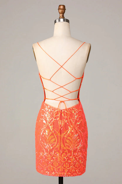 Sparkly Orange Bodycon Spaghetti Straps Sequins Short Homecoming Dress