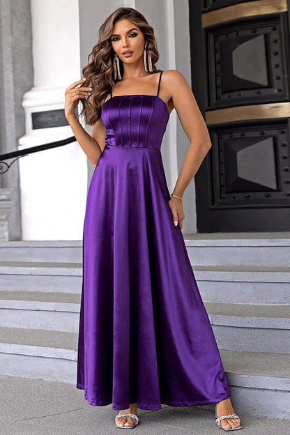 Purple spaghetti strap A-line satin ball gown