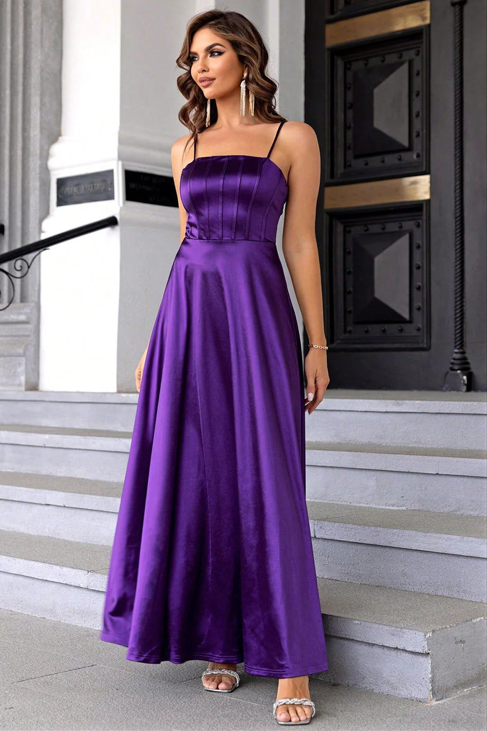 Purple spaghetti strap A-line satin ball gown