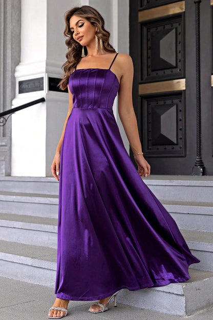 Purple spaghetti strap A-line satin ball gown