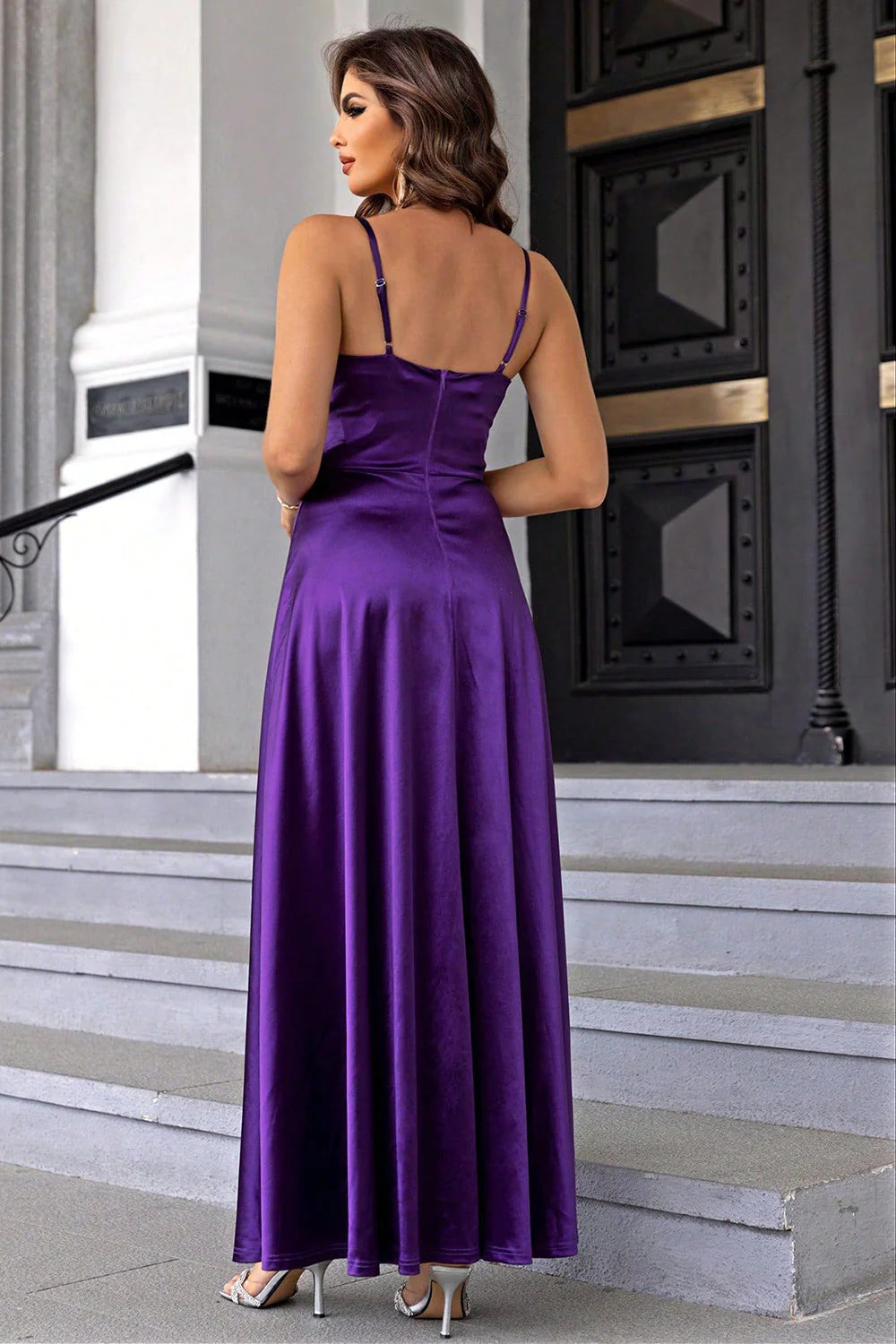 Purple spaghetti strap A-line satin ball gown