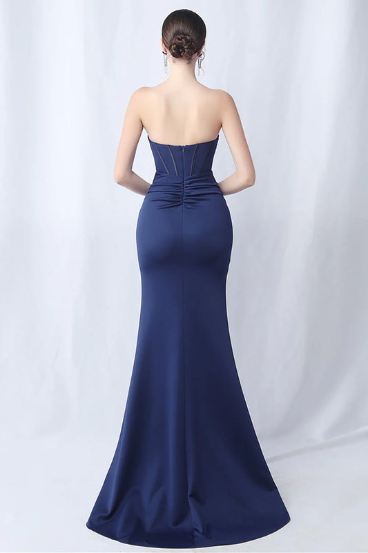 Mermaid long sleeveless strapless corset formal dress with slit