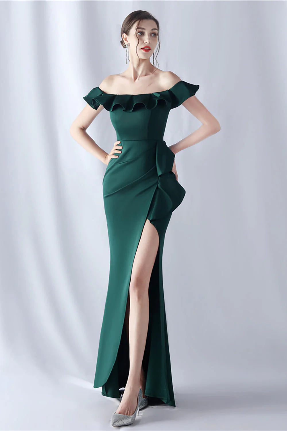 Mermaid off shoulder long formal dress with ruffles