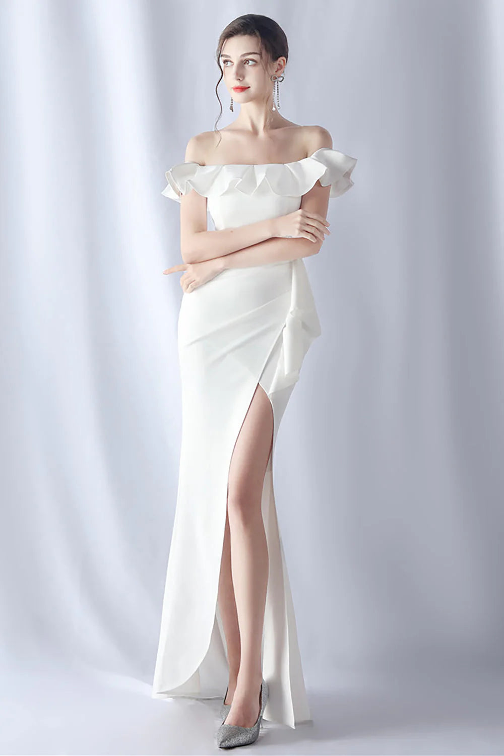 Mermaid off shoulder long formal dress with ruffles