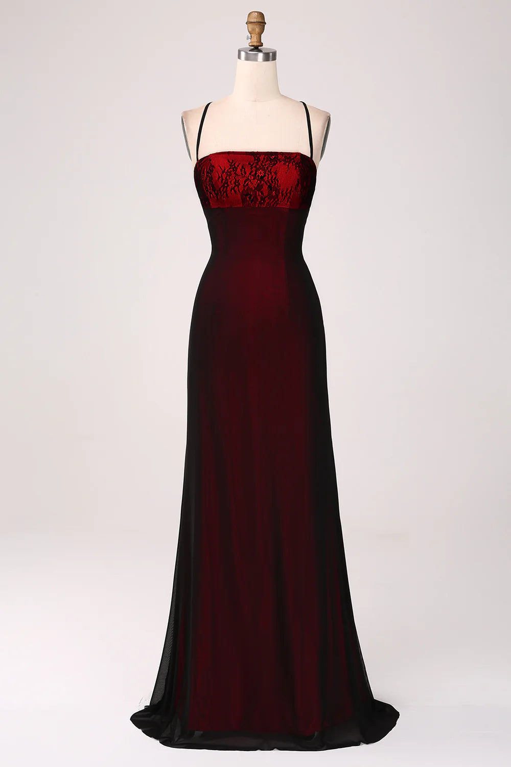 Black Red Sheath Spaghetti Straps Backless Floor Length Bridesmaid Dress