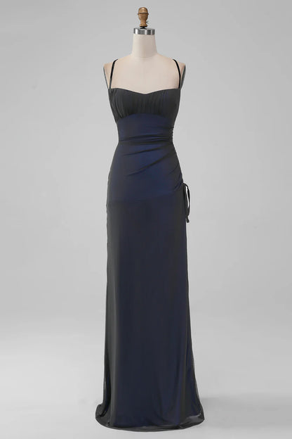 Black Red Sheath Spaghetti Straps Long Bridesmaid Dress with Lace Up Back