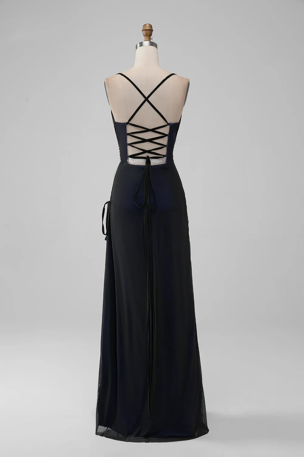 Black Red Sheath Spaghetti Straps Long Bridesmaid Dress with Lace Up Back