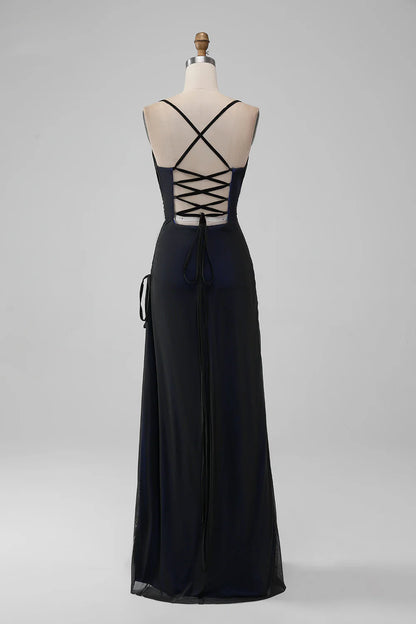 Black Red Sheath Spaghetti Straps Long Bridesmaid Dress with Lace Up Back