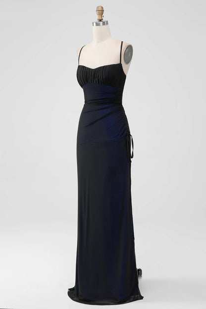 Black Red Sheath Spaghetti Straps Long Bridesmaid Dress with Lace Up Back