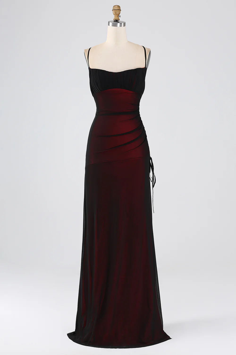 Black Red Sheath Spaghetti Straps Long Bridesmaid Dress with Lace Up Back