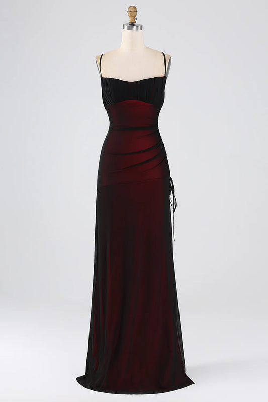 Black Red Sheath Spaghetti Straps Long Bridesmaid Dress with Lace Up Back